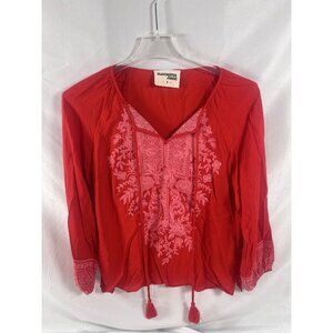 SAVANNA JANE Boho Floral Embroidered Tasseled Long-Sleeve Blouse Size S